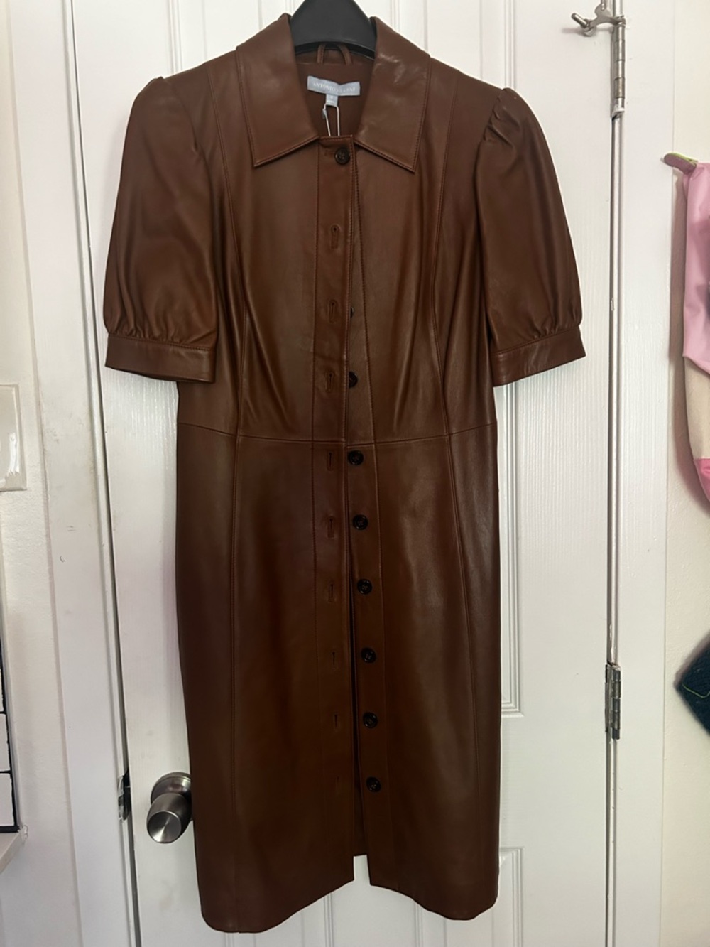 Antonio Melani Brown Genuine Leather Button-Front Midi Dress